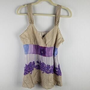 Halogen Women's M Patchwork Printed 100% Silk Tank Top Tan Purple Crossover Neck